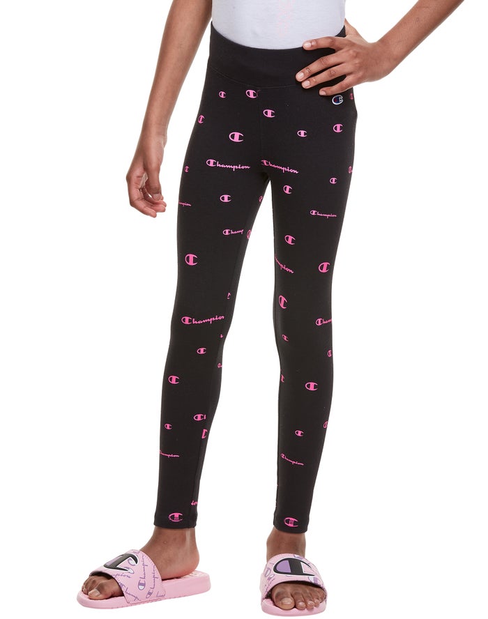 Champion All Over Neon Logo Legging Meisjes - Zwart/Roze - Belgie 8153WKQEZ